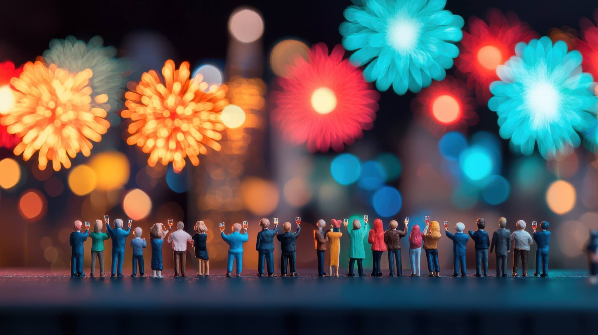 A row of miniature figures all face a fireworks display. Most are holding a glass up to the sky in their hands in celebration.
