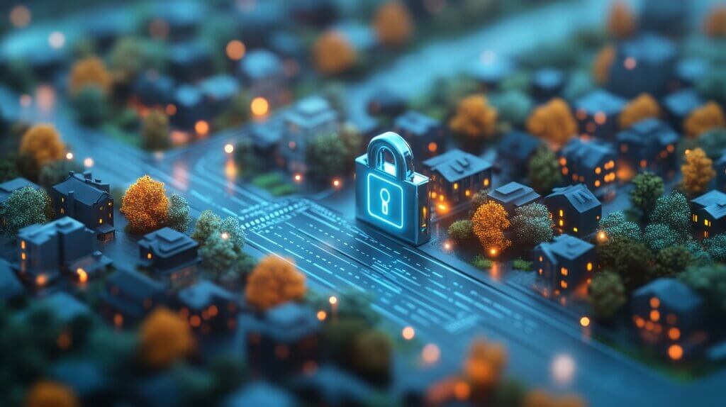 A diorama of miniature toy houses at night time with their lights on inside, on a street with trees dotted between them. A glowing padlock stands in replacement of one of the houses.