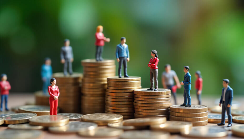 Stacks of coins in height order, creating steps, with toy miniature figures standing on each pile.