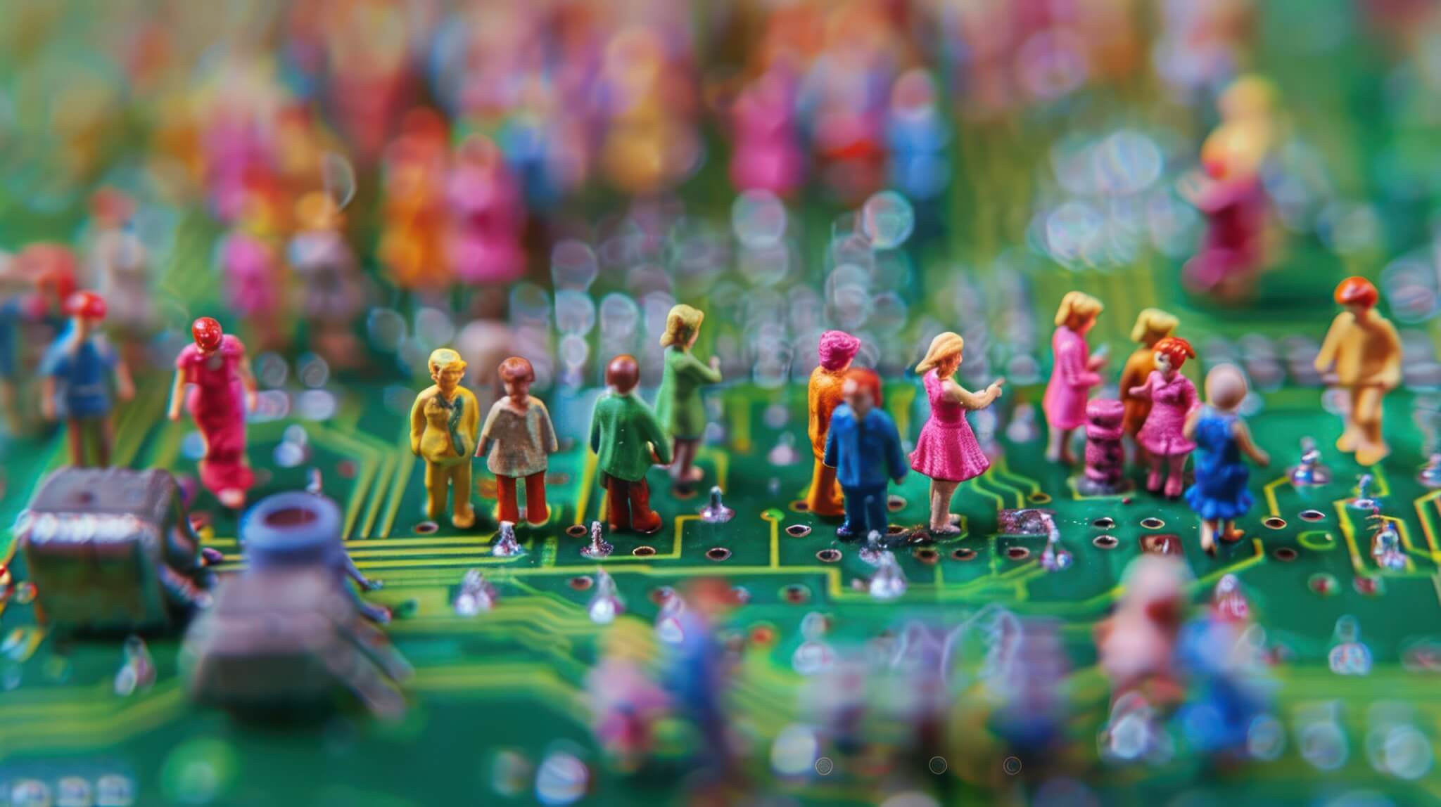 A gathering of miniature figures stand in a mixed line on an electrical circuit board.