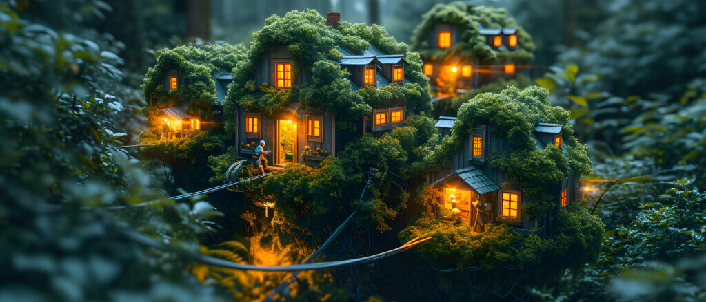 A diorama of miniature houses covered in moss. The windows and doors glow invitingly and miniature electricians connect the houses with large cables.