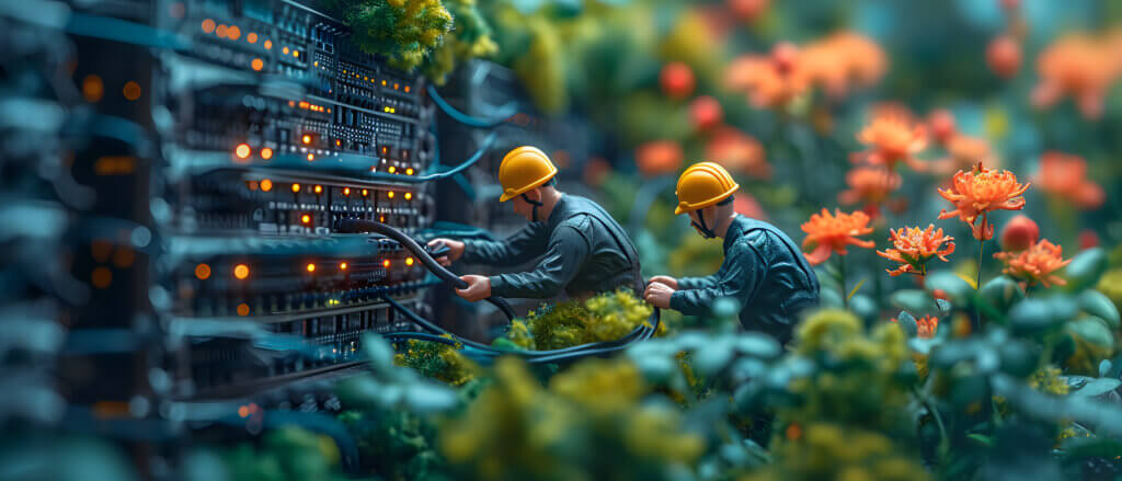 Two miniature toy electricians connect cables to a lit-up server surrounded by flowers and greenery.