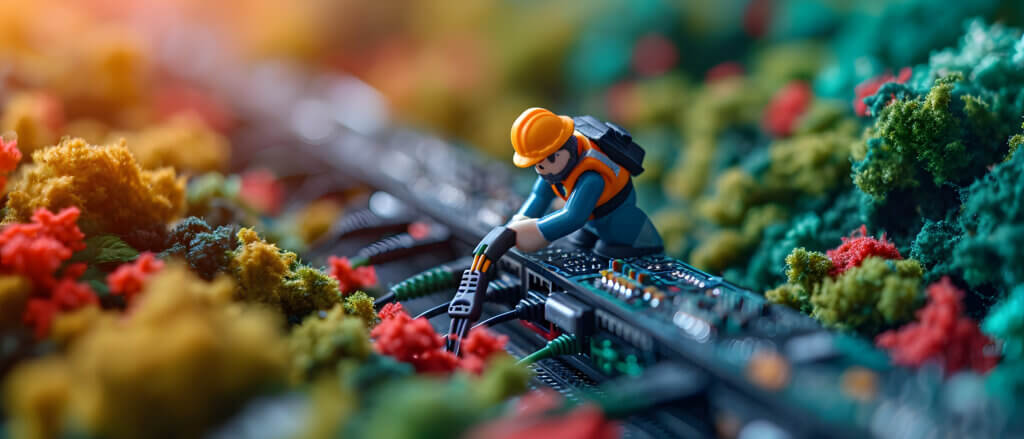 A miniature workman holds a cable ready to be plugged into a panel. He is surrounded by greenery.