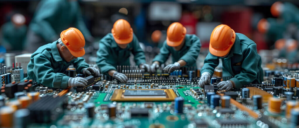 Four miniature toy electricians leant over working on a circuit board.