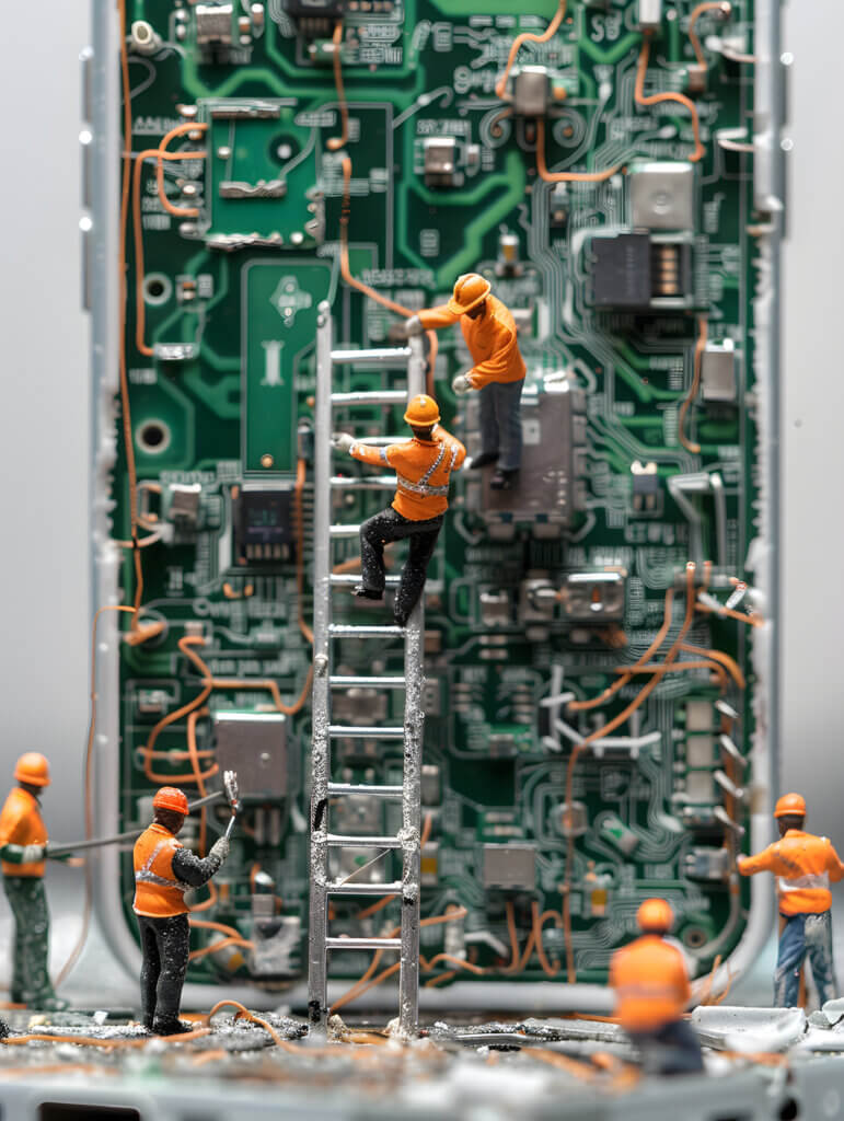 A group of miniature toy electricians working on an electrical circuit. One man is on a ladder, another at the top of the ladder standing on the circuit. The rest are on the ground working on other parts.