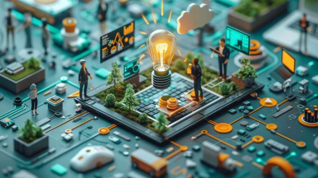 A miniature scene features toy figures standing around a lit lightbulb and a cloud. Surrounding them are miniature screens showing different graphs and figures as part of a presentation.